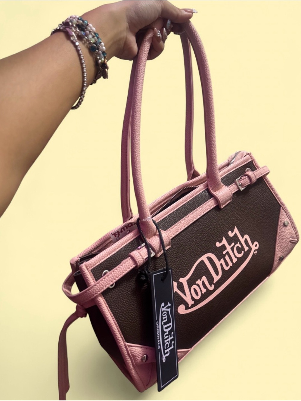 Von Dutch Brown & Pink Logo Shoulder Bag